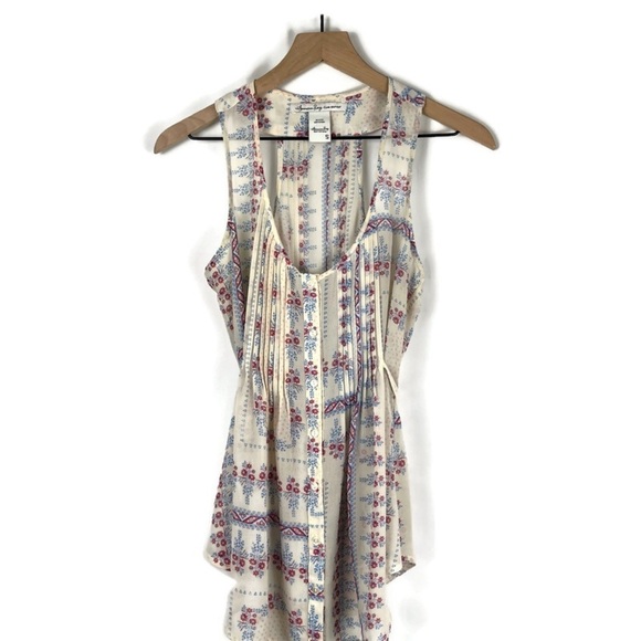 Semi-Sheer 90s Racerback Sleeveless Tank Blouse–Cream/Red/Blue Floral Size Small - Picture 1 of 9